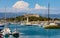 Harbor, port and yacht marina and Fort Carre castle offshore Azure Cost of Mediterranean Sea in Antibes resort city in France