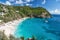 Harbor with sand beach, blue sea and mountain landscape in gustavia, st.barts. Summer vacation on tropical beach. Recreation, leis