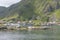 Harbor view with steep slope, Ballstad, Lofoten, Norway