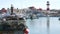 Harbor village, fisherman boats and yachts. Nautical vessel for fishing in port, fishery industry