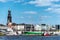 Harbor and waterfront in Hamburg, Germany, against blue sky