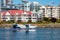 Harbour Air Seaplane in Downtown Victoria Harbour during sunny summer day.