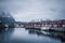 Harbour of the Lofoten village on the rainy day