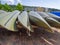 In harbour many canoes are stacked side by side