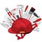 Hard hat with construction tools. Red helmet, trowel, brush, hammer.