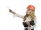 Hard hat engineer or architect woman showing pointing at copy sp