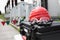 Hard hat,safety glasses and gloves on tool box.Safety gear kit close up,safety equipment for work outdoor