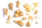 Hard mature Parmsean cheese pieces piles, paths, top