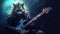 Hard rock metal cat with unruly long fur hair playing electric guitar at concert- generative AI