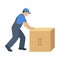 Hard worker pushes a big box. Service moving. Vector illustration isolated on white background