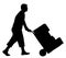 Hard worker pushing wheelbarrow and carry big box vector silhouette.