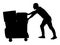 Hard worker pushing wheelbarrow and carry big box vector silhouette.