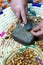 Hard working Arabic woman splitting argan nuts