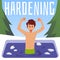 Hardening therapy poster, child boy swimming in cold water, flat vector illustration.