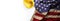 Hardhat on US American flag. Strong American workforce or industry, or America labor day concept. Blank copy space