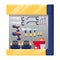 Hardware shop interior design display elements. Stand with toolkits, saws, hammers, screwdrivers, boxes vector