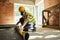 hardworking construction worker in safety helmet