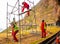 Hardworking construction workers wearing face masks and colorful uniforms.