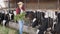 Hardworking young girl working on a livestock farm feeds the cows standing in the stall with freshly cut grass from