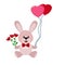 Hare with a bouquet of flowers and heart-shaped balls, a simple color image