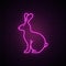 Hare neon sign. Glowing violet rabbit silhouette on dark brick wall background.