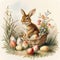 A hare is nestled in a basket with Easter eggs and flowers