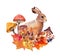 Hare, rabbit in fall design. Mushrooms, autumn leaves, berries bouquet. Beautiful hand painted drawing, forest animal