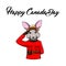 Hare Royal Canadian Mounted Police. Cana day greeting card. Rabbit. Buny. Happy Canada day lettering. Vector.