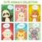 Hare, tirg, mouse, panda, lamb, lion with quick answers text Bright cards with cute animals