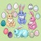 Hares in different poses. Four vector character. Easter eggs of different colors. Outlined colored drawing