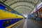 Harlem, Amsterdam, Netherlands - July 14, 2015: Inside railroad station, large roof covering platform, blue and yellow