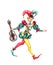 Harlequin with Guitar, the character of the Italian commedia dell`arte, watercolor painting on white background