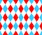 Harlequin seamless pattern. Circus background with with blue, red and and white rhombus. Clown, joker or jester