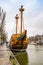 Harlingen, Netherlands - January 10, 2020. Old historic vessel in Zuiderhaven canal in winter