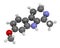 Harmaline indole alkaloid molecule. Found in Syrian rue (Peganum harmala). 3D rendering. Atoms are represented as spheres with