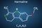 Harmaline molecule. It is fluorescent indole alkaloid. Structural chemical formula on the dark blue background