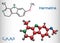 Harmaline molecule. It is fluorescent indole alkaloid. Structural chemical formula and molecule model