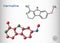 Harmaline molecule. It is fluorescent indole alkaloid. Structural chemical formula and molecule model. Sheet of paper in