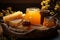 Harmonious blend honey filled basket amidst flickering candles on textured backdrop