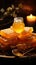 Harmonious blend honey filled basket amidst flickering candles on textured backdrop