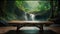 A harmonious blend of nature and display as a wooden table meets a tropical jungle and waterfall