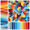 Harmonious Color Palette with Geometric Composition. Seamless Pattern and Blue, Orange, Red, Yellow, Grey Color Swatches