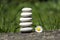 Harmony and balance, simple pebbles tower and daisy flower in bloom in the grass, simplicity, five stones