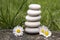 Harmony and balance, simple pebbles tower and daisy flowers in bloom in the grass, simplicity