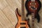 Harmony Guitars. Top view of the electric guitars lying close to each other against of the wooden floor. Music concept.