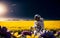 Harmony Among the Stars: An Astronaut Standing in a Field of Flowers, Serene Encounter with Cosmic Beauty