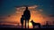 Harmony at Sunset: Happy Family and Dog Silhouette Embracing Nature\\\'s Beauty