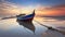 Harmony of Twilight, Low Tide Unveils a Stunning Sunset Backdrop for a Fishing Boat. Generative AI