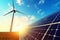 Harnessing nature\\\'s gifts, Solar panel and wind turbine under sunlit sky