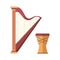 Harp icon golden stringed musical instrument classical orchestra art sound tool and drum acoustic symphony stringed